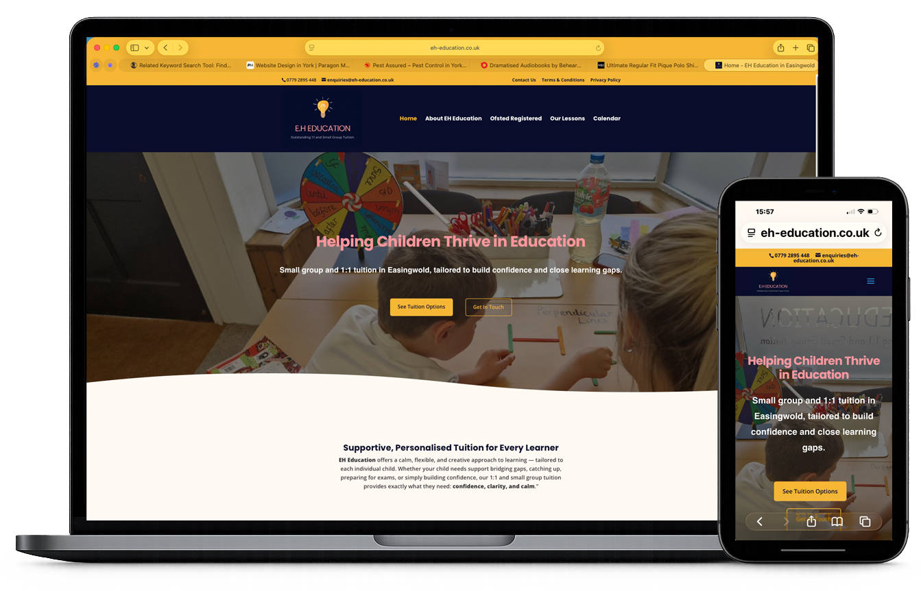 EH-Education,-private-education-in-Easingwold.-Website-design-in-York-by-Paragon-MArketing EH Education tuition website design in Easingwold shown on laptop and mobile mockup by Paragon Marketing Yorkshire