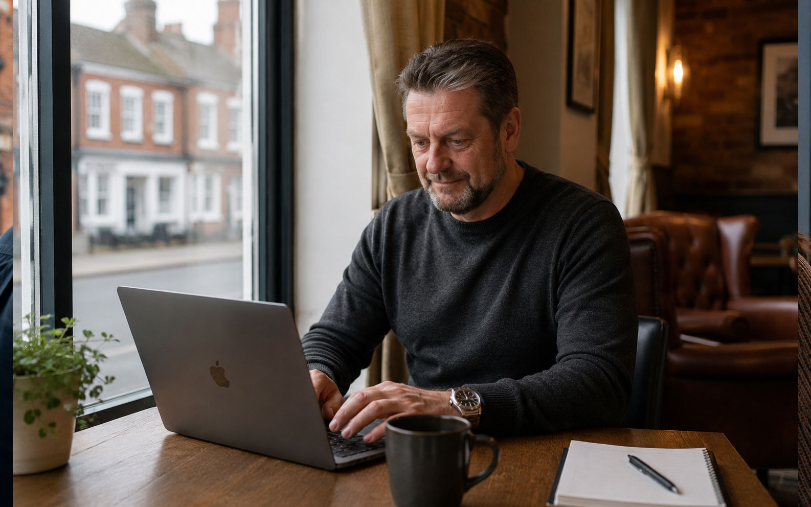 Website designer working on a WordPress website in a café in York Website designer working on a WordPress website in a café in York